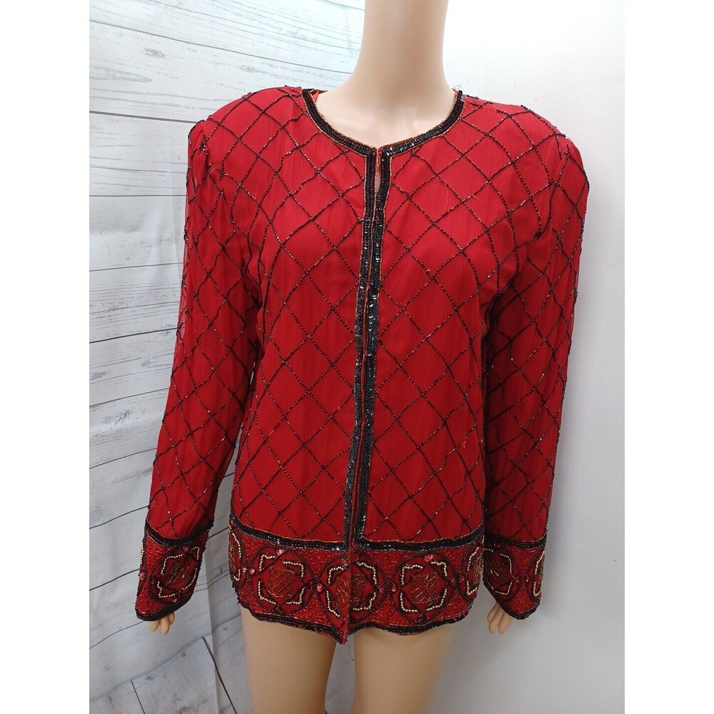 Scala Red Beaded Top Cardigan Blouse Jacket 100% Silk Sz PXL